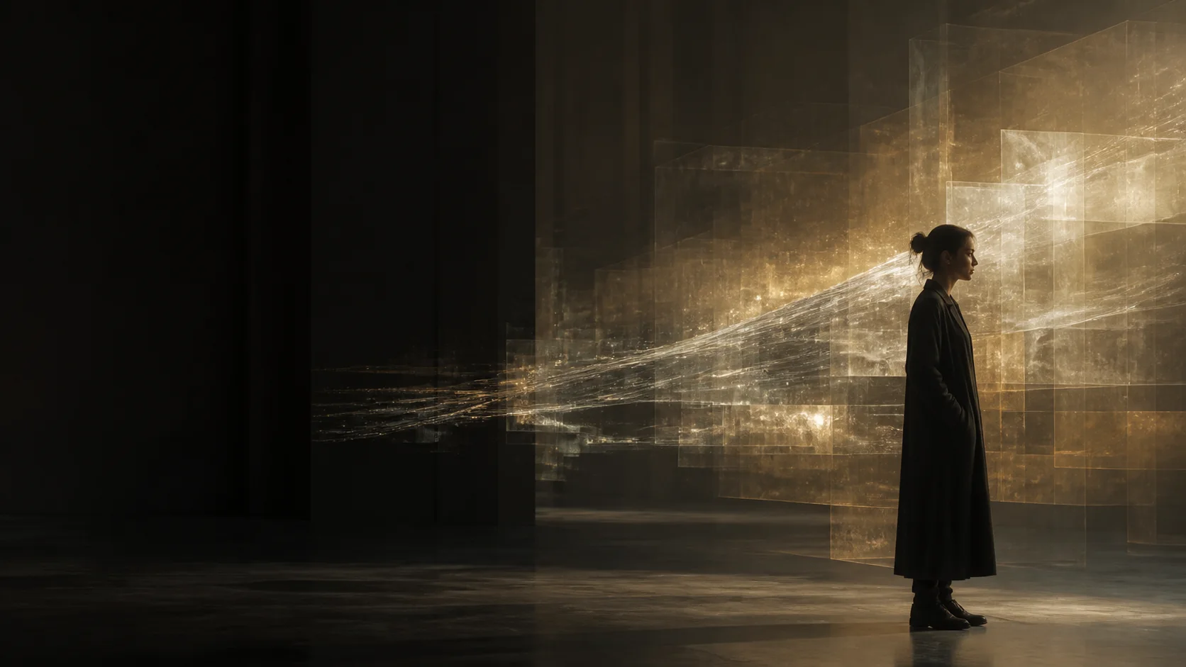 A person standing within layered fields of light and memory