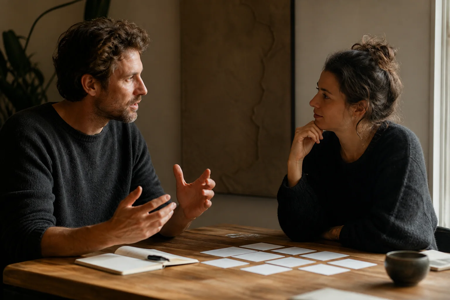 Two adults mapping a recurring relationship pattern in a guided conversation